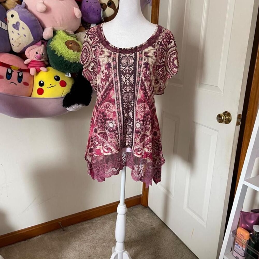 EMERALD Y2K BOHO PAISLEY LACE HEM TUNIC TOP